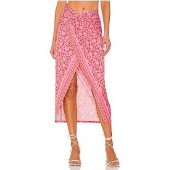 Free People Dresses & Skirts - Free People Pink Floral Boho Sarong Pull On Midi Skirt Stretch M (31x36)